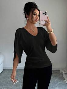 Elenzga Women's Casual Batwing Sleeve V-Neck Solid Color Fitted Short Sleeve T-Shirt