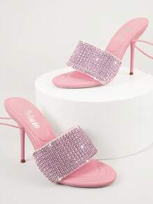 Square Toe Thick Strap Tie Up Heels - Pink - View 4