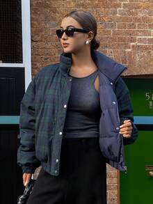 DAZY 女士双面格子绗缝外套，适合秋冬季节穿着，Y2K风格 - 棕色 - 查看 3