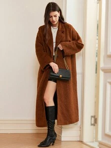 Aveloria Rosie Abrigo de piel sintética de estilo europeo holgado y de cuello chal oversize - Café integral - Ver 5