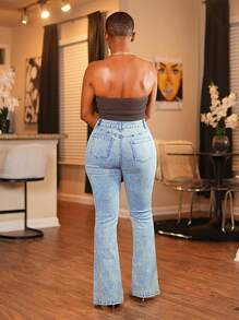 SHEIN BamGlam Quần Jeans Ống Loe Thường Ngày Có Túi Và Viền Xẻ Cho Nữ - Màu xanh lam - Xem 2
