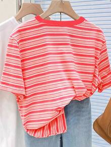 SHEIN Áo thun cổ tròn đơn giản thêu họa tiết anh đào sọc nhiều màu, quà tặng cho bạn bè - Nhiều màu - Xem 2