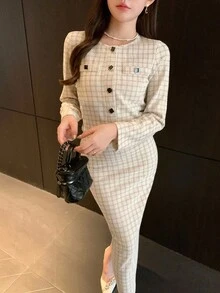 DAZY 女式格子圆领夹克和吊带裙两件套，秋季 - 杏色 - 查看 3