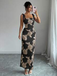 Elenzga 女士花卉提花修身优雅扭纹肩带连衣裙 - 黑色 - 查看 5