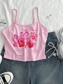 SHEIN EZwear Lässiges, minimalistisches, schmal geschnittenes Camisole-Tank Top mit rosa Blumen Muster für Damen, Sommer