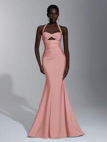 Elitara 优雅奢华粉色弹力针织泳衣，搭配褶皱镂空美人鱼裙，适合婚礼、派对、度假、庆典、伴娘礼服（成人） - 藕粉色 - 查看 6