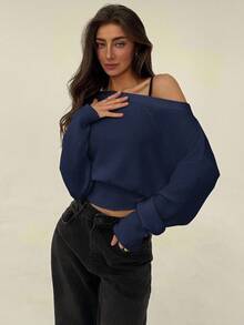 Aloruh Beige Oversized Floral Asymmetric Shoulder Romantic Loose Knit Sweater, Autumn/Winter,Fall - Navy Blue - View 4