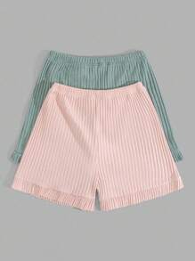 EURMUSE Cotton Women 2 Pcs Rib Knit With Contrast Colour Ribbon Detail Homewear Shorts Sets - Multicolor - View 2