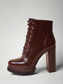 SHUZIA Bottines femme à lacets, à plateforme double et semelle crantée, à talons épais - Marron fonçé - Voir 4