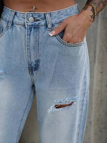 SAYEHFBABY Women's Fashion High Waist Straight Wide Leg Ripped Jeans - Light Wash - View 5