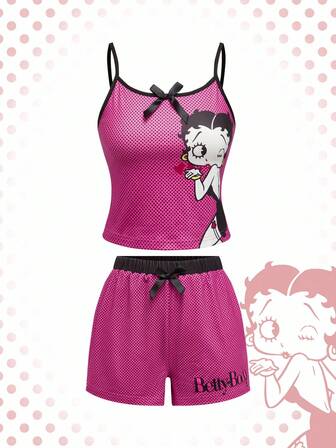 Betty Boop | ROMWE Set pigiama estivo casual da donna con top a canottiera e pantaloncini con grafica a cartoni animati