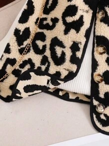 SHEIN Tween Girl Loose Casual Minimalist Comfortable Leopard Print Fluffy Jacket,In Fall/Winter - Black - View 6