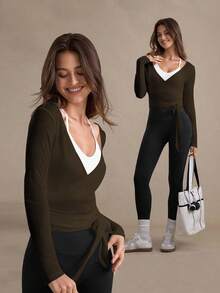 Eassivo Eassivo 女式休闲轻质纹理系带长袖运动 T 恤，四季百搭 女式瑜伽上衣 裹身式上衣 瑜伽裹身式上衣 运动上衣 长袖瑜伽上衣 女式瑜伽上衣 运动服上衣 女式运动上衣 系带前上衣 女式瑜伽上衣 收腹上衣 - 棕色 - 查看 7