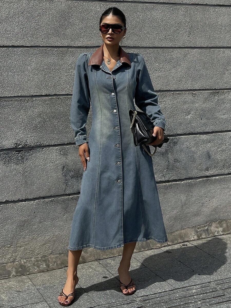 DAZY Vestido de mezclilla casual de mujer con bloque de color de contraste y mangas abultadas, otoño