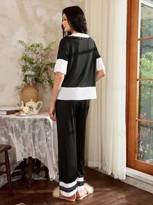 Côtesoire 2 件套南法式优雅蕾丝拼布宽松夏季女士睡衣套装女士蕾丝睡衣套装女士黑色睡衣套装女士睡衣套装 - 黑與白 - 查看 2