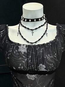 EgrlEra 复古性感修身女式泡泡袖T恤，方领，丝带和网眼拼布 - 黑色 - 查看 4