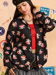 Paul Frank X SHEIN 女士休闲日常猴子印花拉链连帽衫 - 黑色 - 查看 6