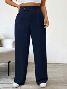 SHEIN Tall Quần ống rộng xếp ly cạp cao cho nữ cỡ lớn - Màu xanh hải quân - Xem 6
