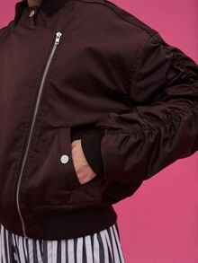 COUREZ Ruched Asymmetric Bomber Jacket /Y2K Going Out Women Cute Spring Going Out Tops Tops Spring For Women Gothic - Chocolate Brown - View 7