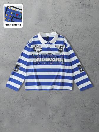 Prep Men's Sparkling Diamond Striped Loose Fit Long Sleeve Polo Shirt, For Fall