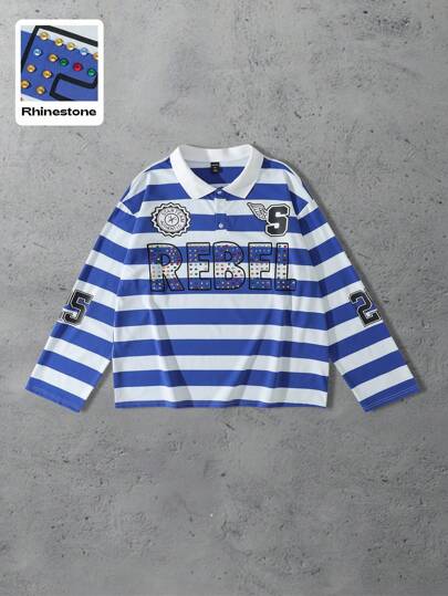 Street Life Men's Sparkling Diamond Striped Loose Fit Long Sleeve Polo Shirt, For Fall