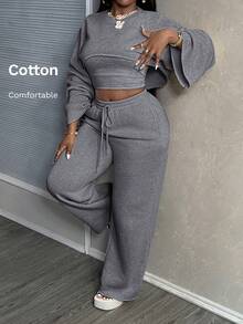 Slaydiva 2024 年新款休闲基本款纯色长袖短款上衣、吊带背心和阔腿裤 3 件套女士 - 深灰色 - 查看 9