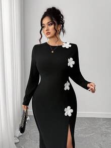 Elenzga Women's Plus Size Black And White 3D Floral Round Neck Straight Dress With Slit Hem,Waist Cinched,Elegant Autumn Dinner Casual Long Fall Dress - Black - View 6