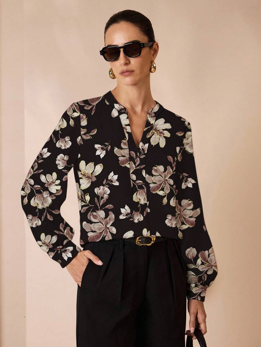 Shutterstock Glamance 女式花卉印花前扣优雅长袖衬衫 - 黑色 - 查看 1