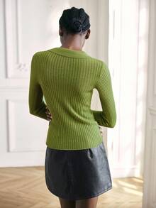 Maija Áo len dài tay cổ polo trơn màu cho nữ, mùa thu - màu xanh lá - Xem 5