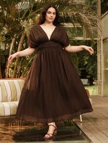 Anewsta Women Plus Size V-Neck Ruched Raglan Sleeve Cinched Waist Long Vacation Beach Dress