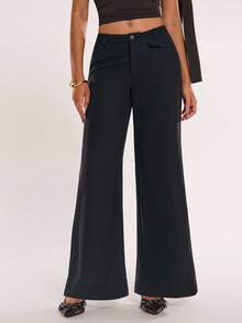 SHEIN BAE Pantalon ample et décontracté à jambes larges de couleur noire unie pour femmes, vêtements d'hiver pour femmes, bas de tenue de sortie, vêtements pour enseignantes/pantalons chics pour femmes, tenue de bureau/style old money pour femmes/tenue décontractée pour femmes d'affaires