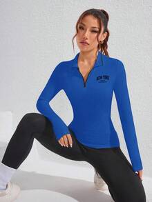 SHEIN Core Rhythm Damen Minimalistisches Buchstaben-Muster Viertel-Reißverschluss Langarm Sport Poloshirt