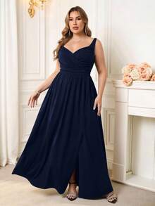 Reflora Váy Maxi thanh lịch cỡ lớn dành cho nữ, váy Maxi hai dây và xẻ cao, thích hợp cho đám cưới, tiệc khách, dịp trang trọng, đi chơi, tiệc ngày lễ - Màu xanh hải quân - Xem 3