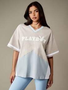 Missguided x Playboy Retro Style Oversized Varsity V Neck T Shirt Color Block Design Casual Loungewear Streetwear Comfortable Cotton Blend Top Fall Winter Spring Collection - Multicolor - View 3