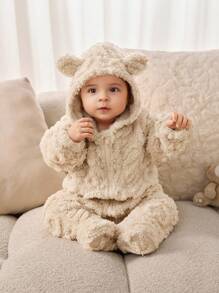 SHEIN 新生儿男女宝宝可爱小熊造型毛绒连体衣，秋冬季宝宝万圣节服装，男女宝宝冬季服装针织连体衣 - 彩色 - 查看 3