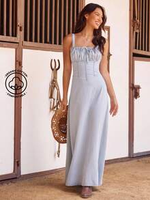 WESTFADE 褶饰细肩带，可爱蝴蝶结前襟，褶饰后背，紧身胸衣风格，修身喇叭裤，西部纳什维尔女牛仔牛仔中长连衣裙 - 淺色水洗藍 - 查看 1