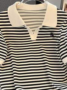 INAWLY Women's Summer Casual Striped Polo Collar Short Sleeve T-Shirt