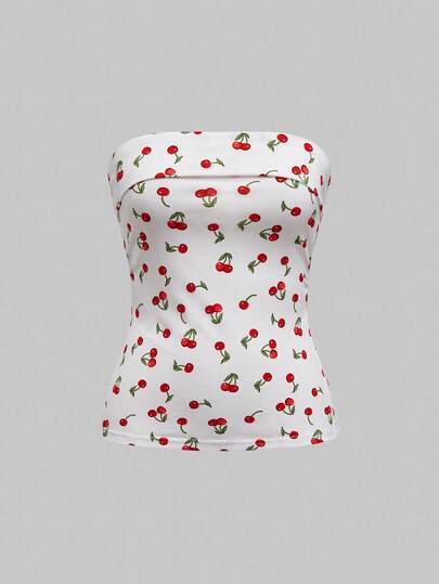 Kawaii Y2K Harajuku Style Cherry Print Cropped Top With Slit Hem