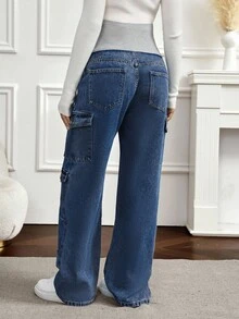 SHEIN 孕妇休闲拼色高腰工装牛仔裤 - 中等水洗藍 - 查看 2