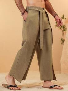 VENTUSAIL Men's Summer Linen Texture Layered Design Loose And Comfortable Breathable Vacation Long Pants With Waist Tie Design, Khaki Going Out Plain Baggy Slacks Pants, For Husband, Boyfriend Gifts, For Fall - Khaki - View 3