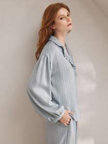 Ocili 女式条纹印花荷叶边翻领灯笼袖宽松睡衣上衣，春秋季 - 藍色 - 查看 6