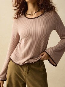 SoleilVie 秋冬季女装简约时尚棕色撞色滚边圆领喇叭袖后背五角星贴片时尚波西米亚风T恤 新款秋季女装万圣节秋装女装长袖上衣返校万圣节服装冬季女装 - 藕粉色 - 查看 2