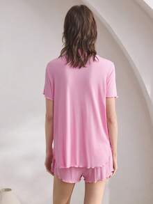 Ocili Soft Ribbed Contrast Color Ruffle Collar Short Sleeve & Shorts Pajama Set For Women - Pink - View 3