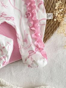 Newborn Baby Girls/Boys Elegant & Soft White Milk Silk Fabric Cute Bow Print Collar Ruffle Trim Long Sleeve Romper + Ruffle Trim Swaddle Blanket + Bow Headband 3-Piece Outfit Set - Pink - View 6