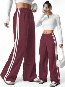 Sparklyn Teen Girls' Casual Striped Knit Drawstring Waist Loose Sweatpants - Burgundy - View 8
