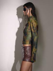 MUSERA 圆领印花网纱拼接长袖修身上衣，适合秋季、夜晚外出、性感夜店、Y2K风格、优雅假日派对、春夏穿着 - 彩色 - 查看 4