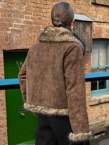 DAZY 女式仿毛领拼接绒面革宽松休闲街头厚外套，秋冬夹克 - 咖啡棕 - 查看 2