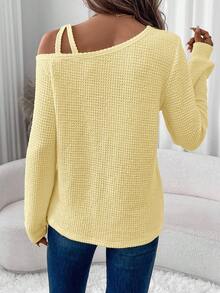 SHEIN LUNE 女款斜肩灯笼袖华夫格纹理休闲通勤户外长袖T恤秋冬黄色露肩毛衣针织上衣女毛衣可爱上衣女款华夫格针织上衣 - 黃色 - 查看 2