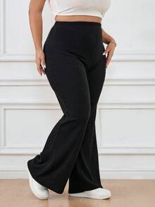 SHEIN CURVE+ 大尺碼女款羅紋布料休閒基本款黑色喇叭褲/秋冬季，2026 22W - 黑色 - 查看 7