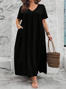 SHEIN CURVE+ Plus Size Loose Casual Spring And Summer Dress With Pockets,Arabian Dress,Arabian Clothing